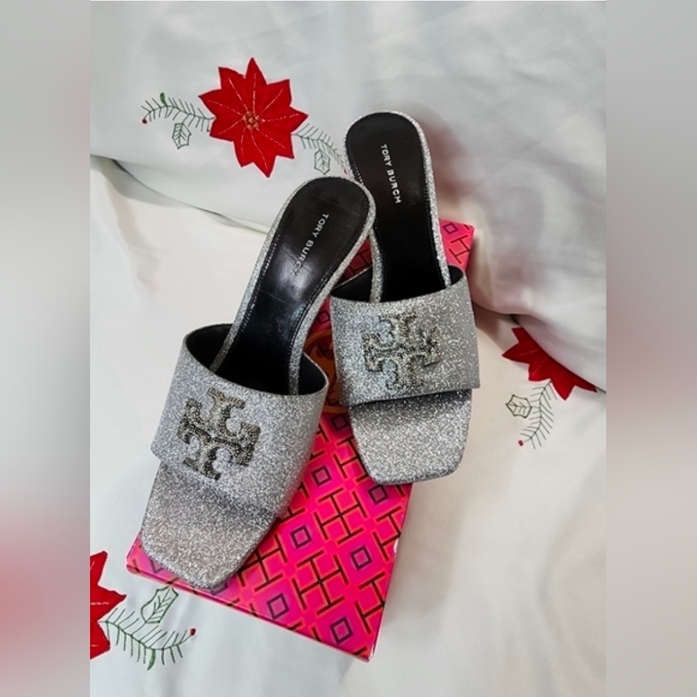 Tory Burch Glitter Silver Mules
